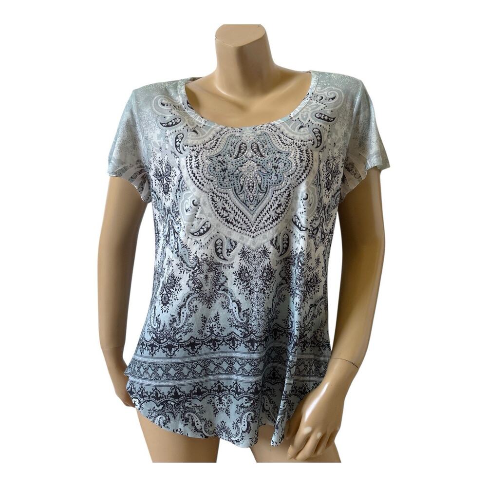 World Unity Tunic Top Womens XL Paisley Studded Teal White Black Short Sleeve